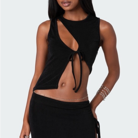 Edikted Black Cut Out Tie Front Tank Top + Skirt SET - Picture 3 of 8